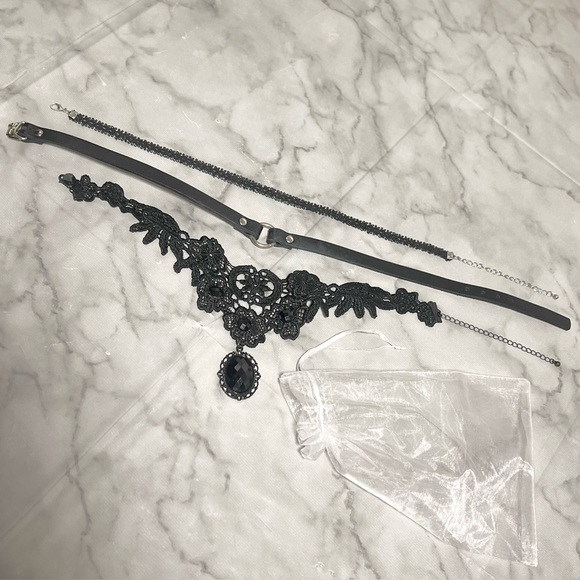 Romantic Goth Choker Bundle Quantity 3 Genuine Leather & Lace Layering 17" Gift - Picture 5 of 7